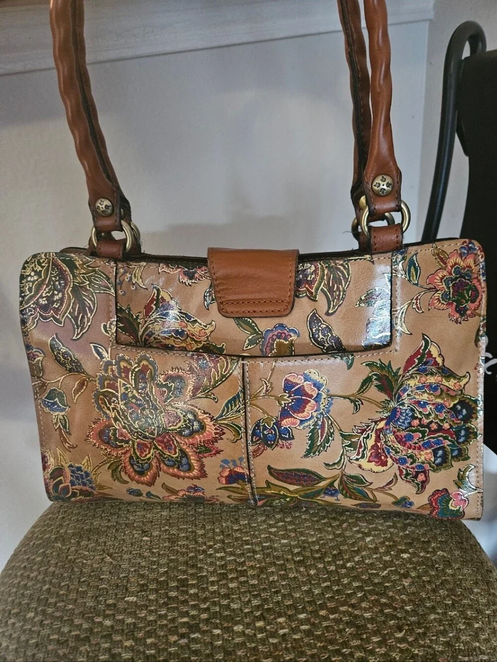 Floral Embossed Tan Leather Tote Bag